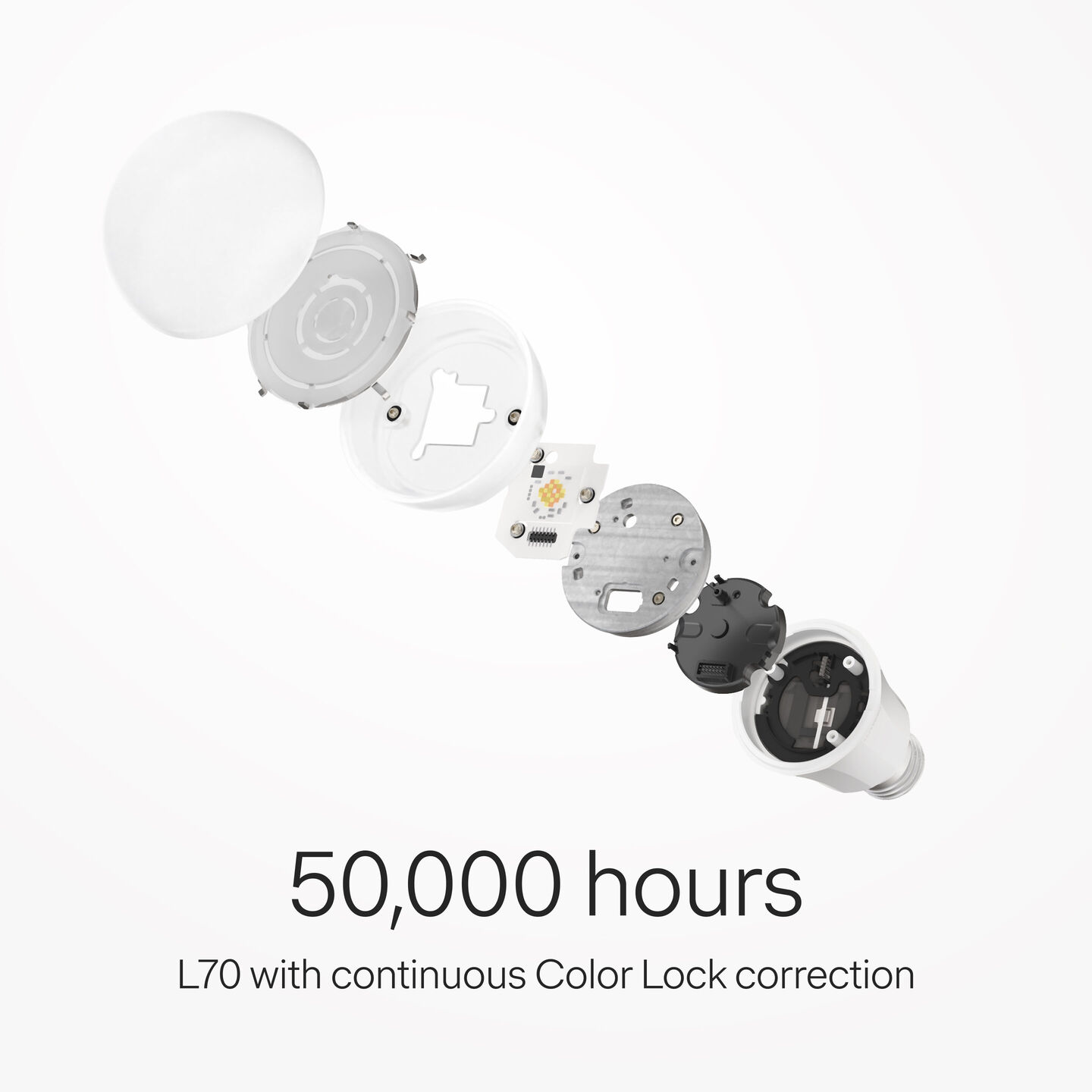 Exploded view of an A20 lamp showcasing internal components, with text “50,000 hours – L70 with continuous Color Lock correction”