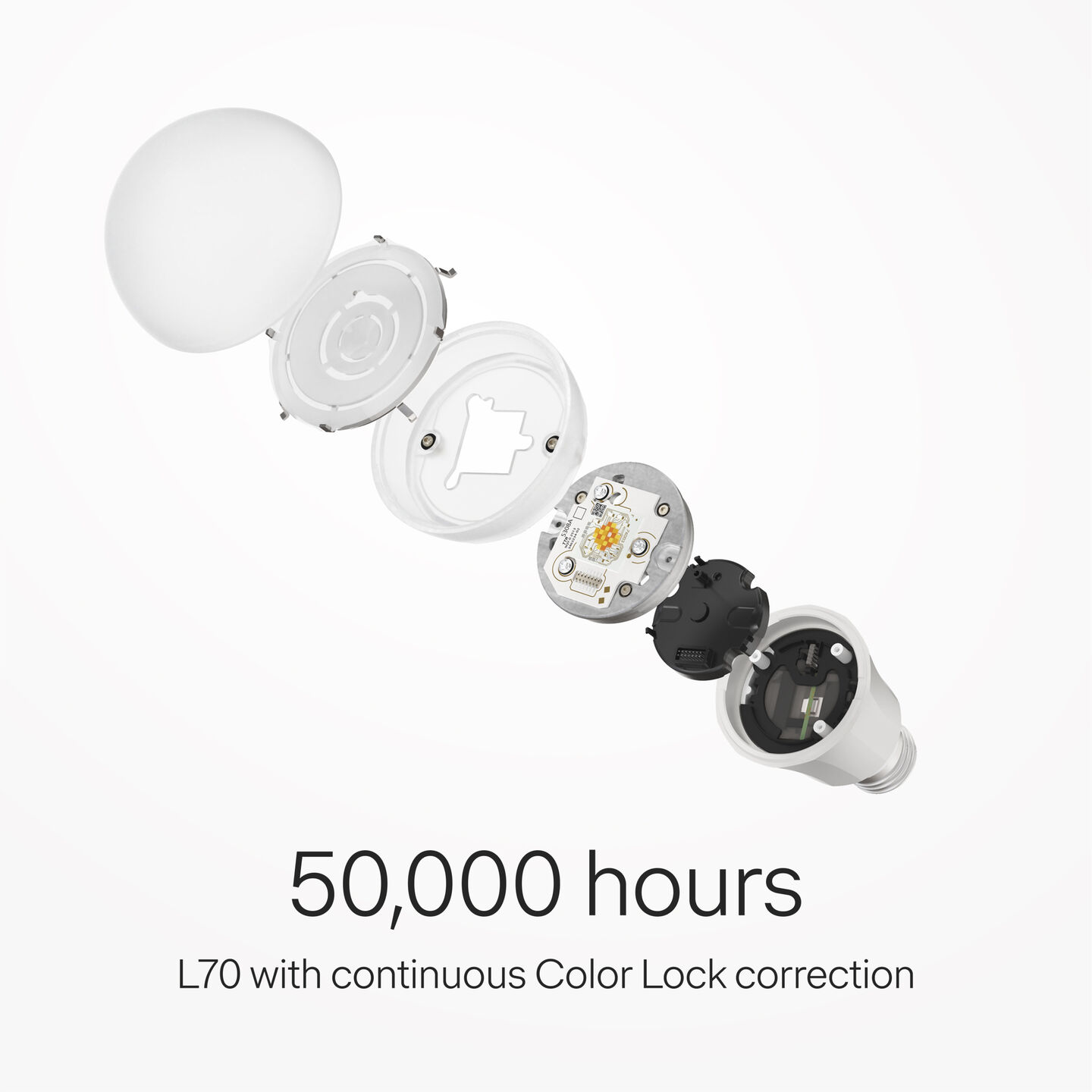 Exploded view of an A20 lamp showcasing internal components, with text “50,000 hours – L70 with continuous Color Lock correction”