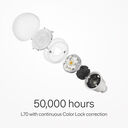 Exploded view of an A20 lamp showcasing internal components, with text “50,000 hours – L70 with continuous Color Lock correction”