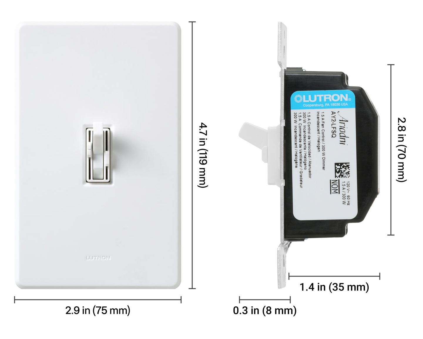 Ariadni/Toggler Dual Fan/Light Control - Dimensions
