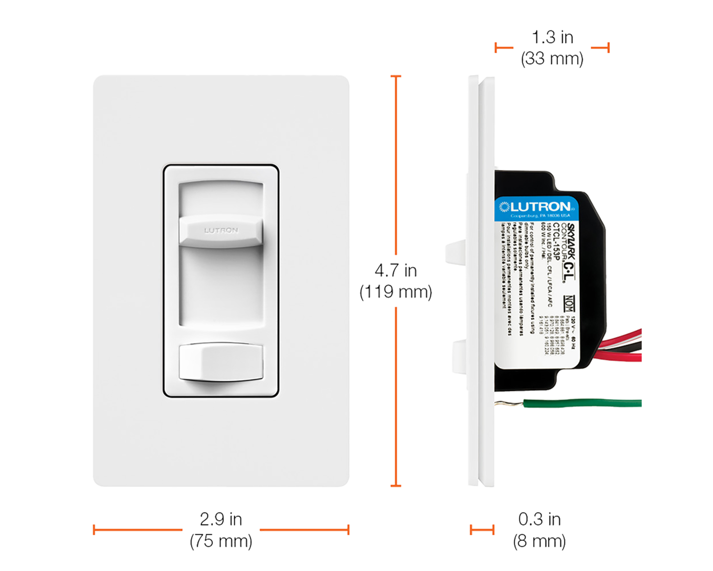 Skylark Contour LED+ 3-Way Dimmer - Dimensions