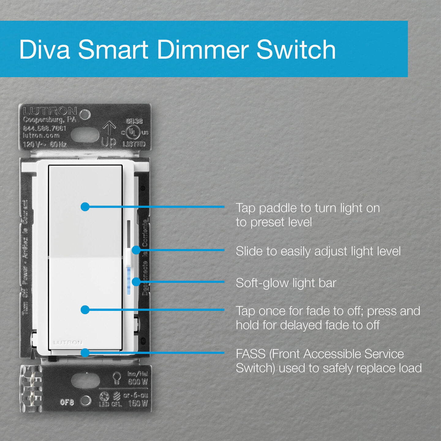 Diva Smart Dimmer Switch - DVRF-6L-WH
