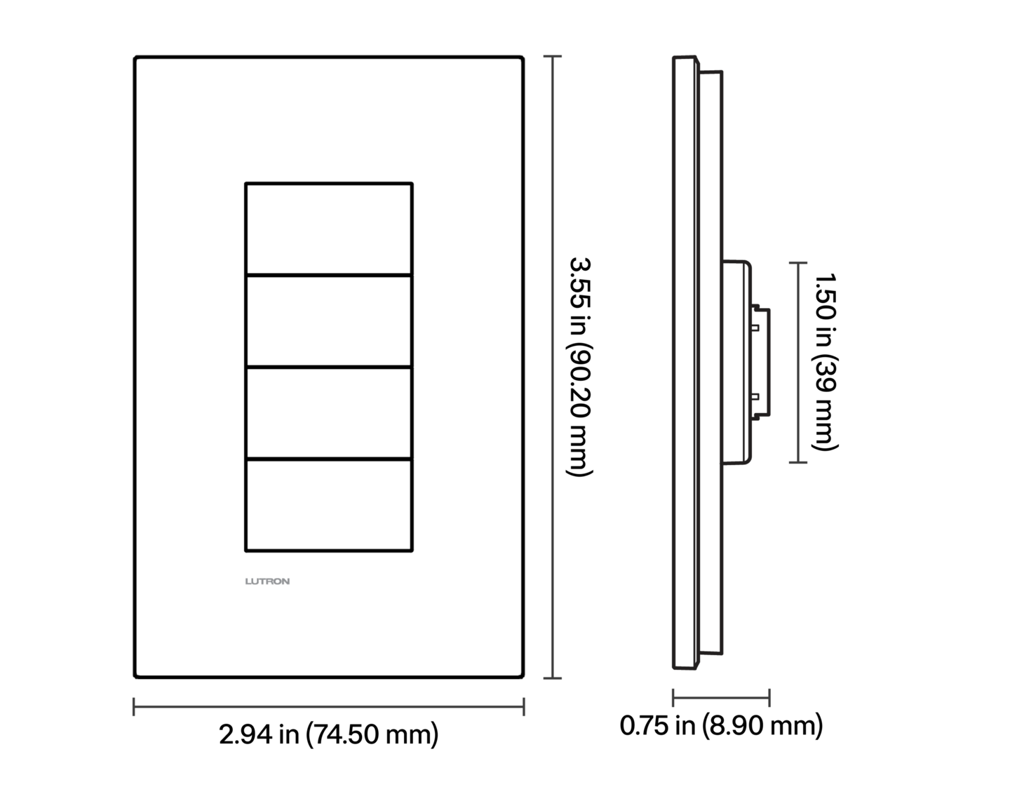 myRoom XC Palladiom Rectangle Keypad - Dimensions