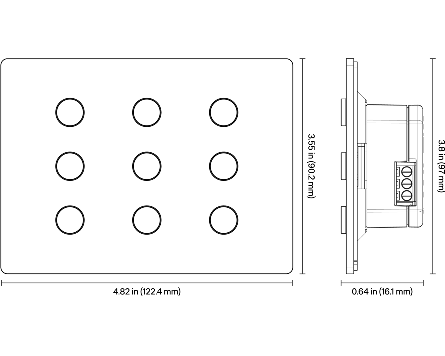 Alisse Rectangular Keypad (3 Column) - Dimensions