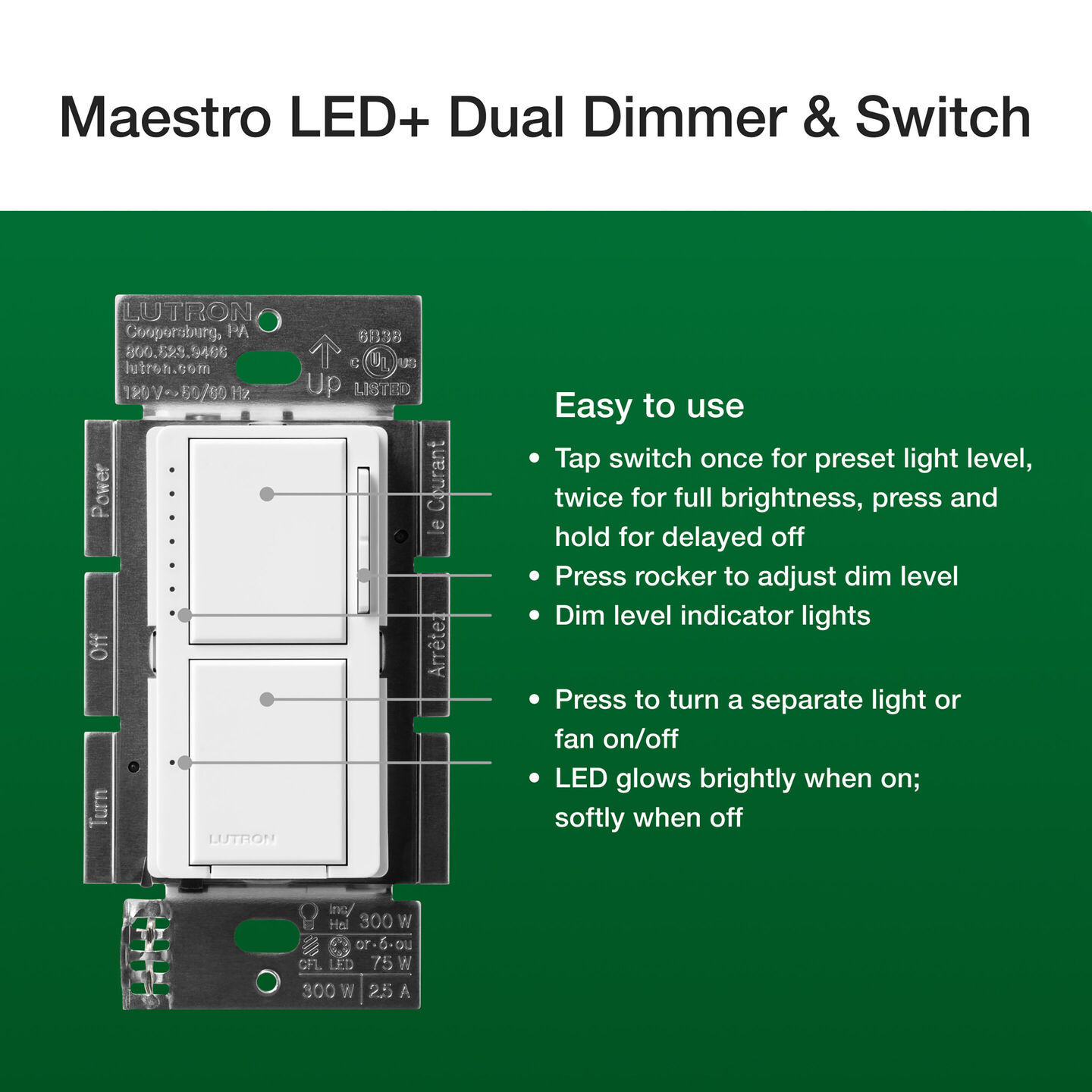 Maestro LED+ Dual Dimmer and Switch - MACL-L3S25-PD