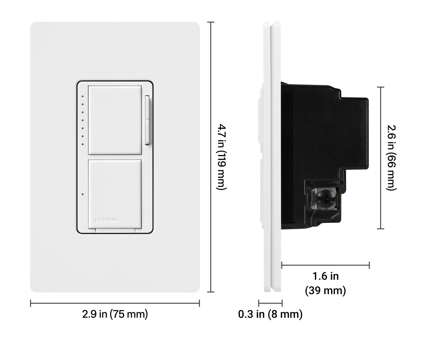 Maestro LED+ Dual Dimmer and Switch - Dimensions