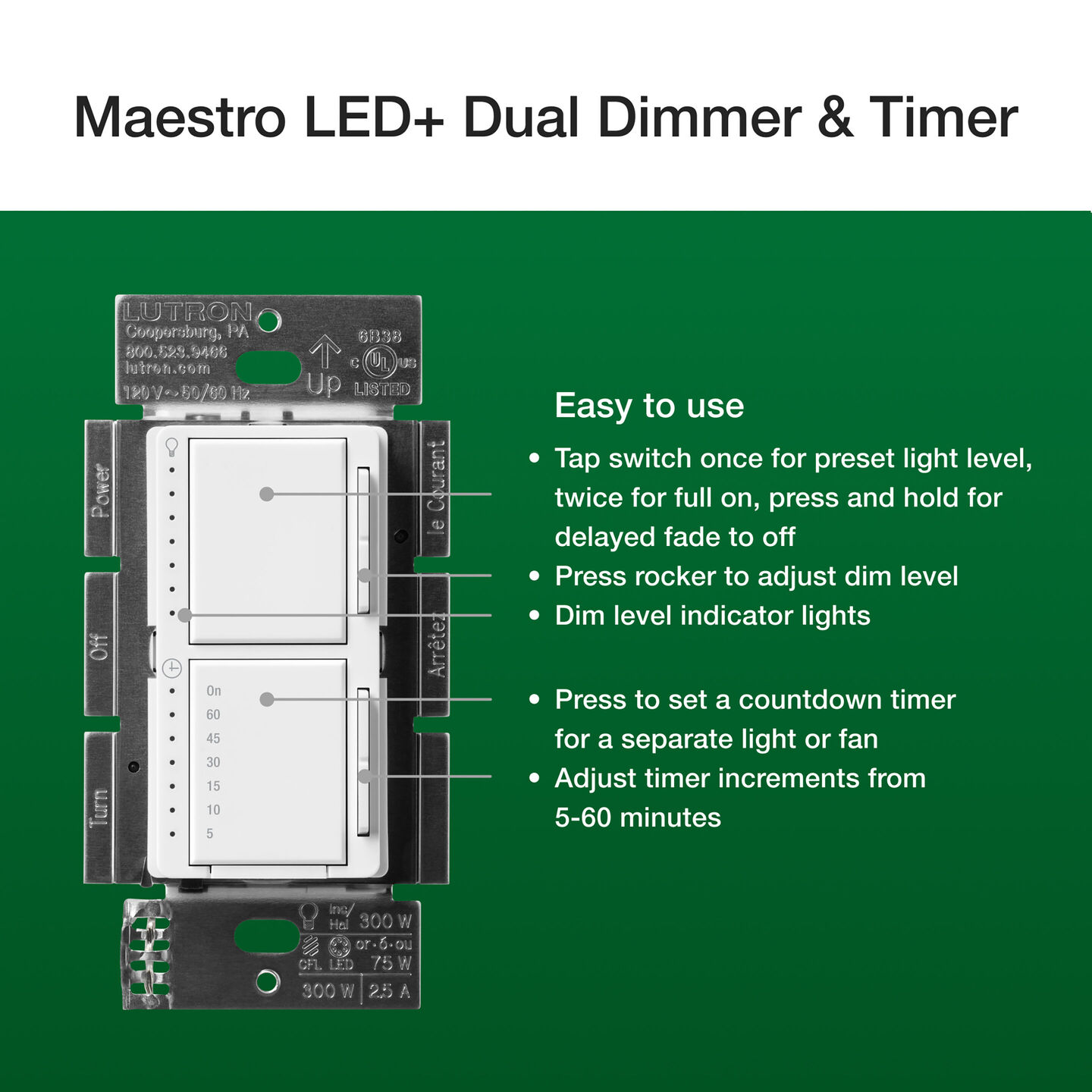 Dimmer & Timer Dual Switch (Extended Timer) - MACL-L3T251-HT