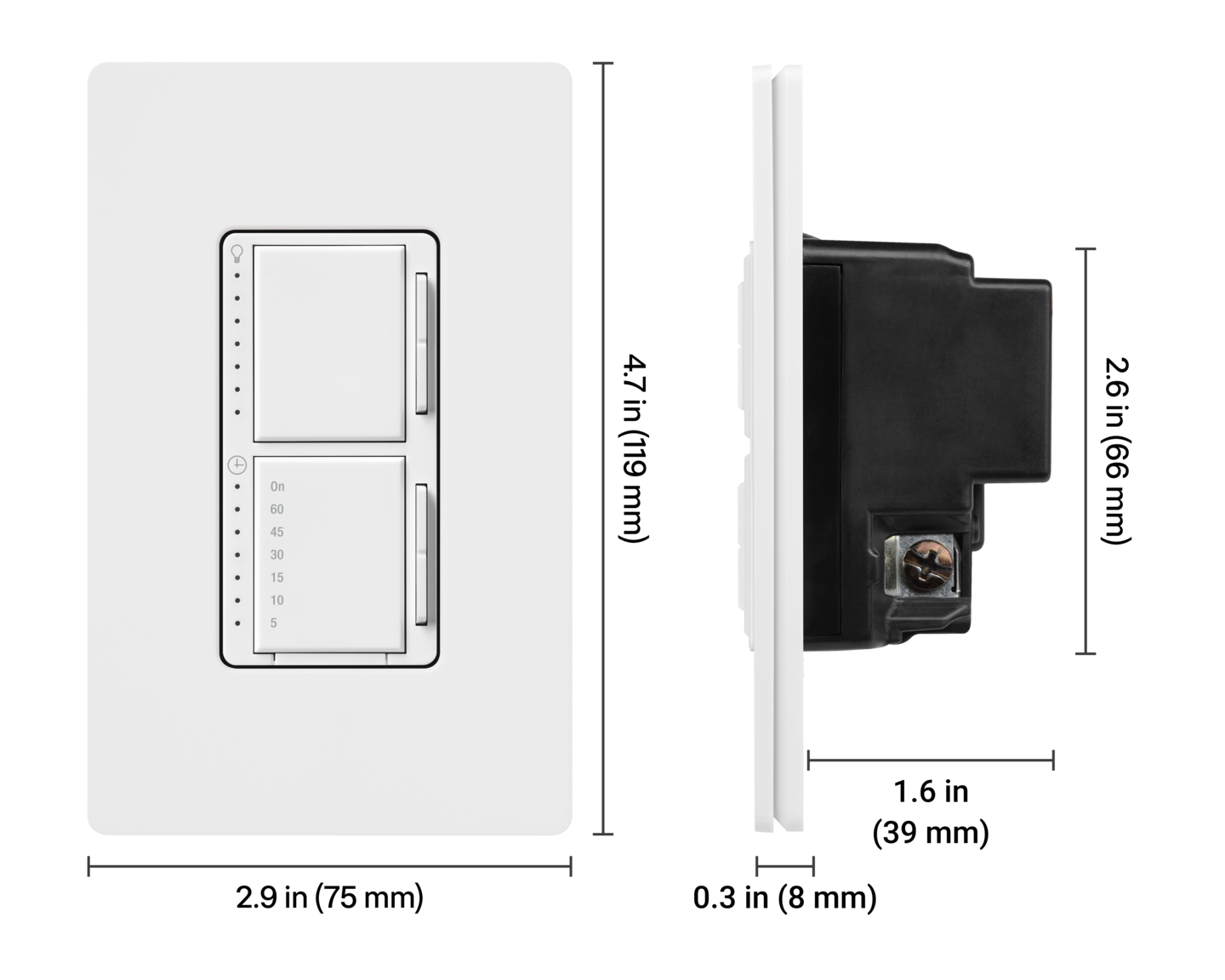 Dimmer & Timer Dual Switch (Extended Timer) - Dimensions