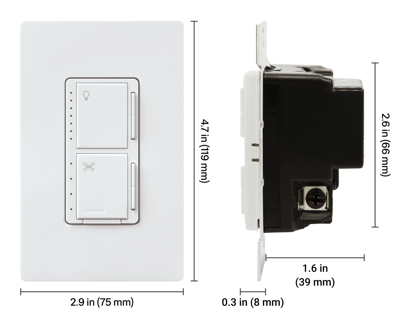 Maestro Dual LED+ Dimmer and 4-Speed Fan Control - Dimensions