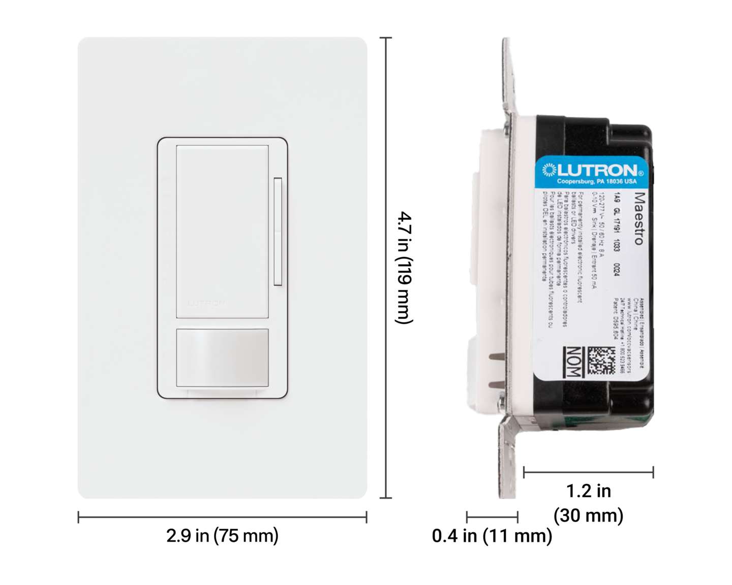 Maestro 0-10V Motion Sensor/Dimmer - Dimensions