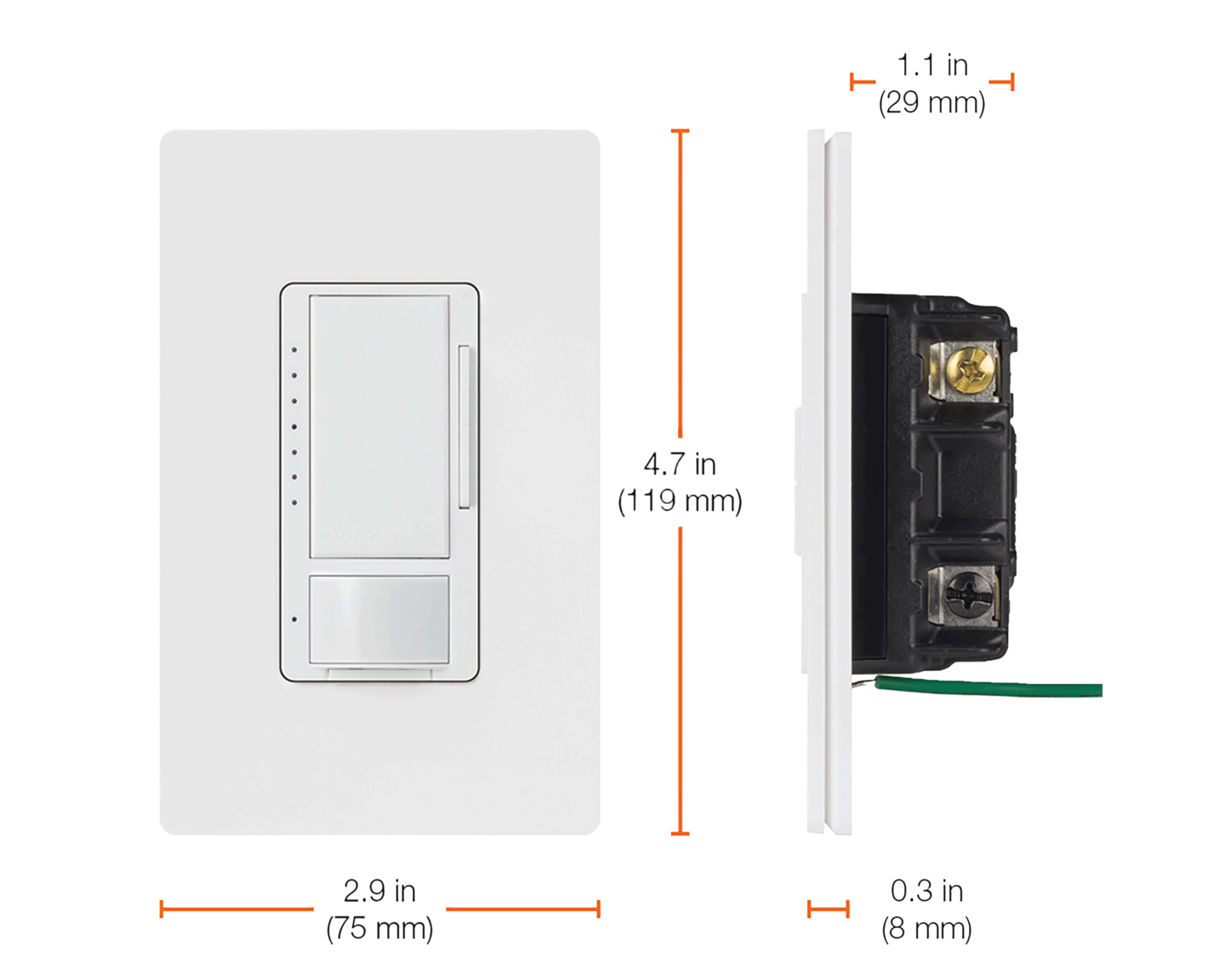 Maestro LED+ Motion Sensor Dimmer (Vacancy) - Dimensions