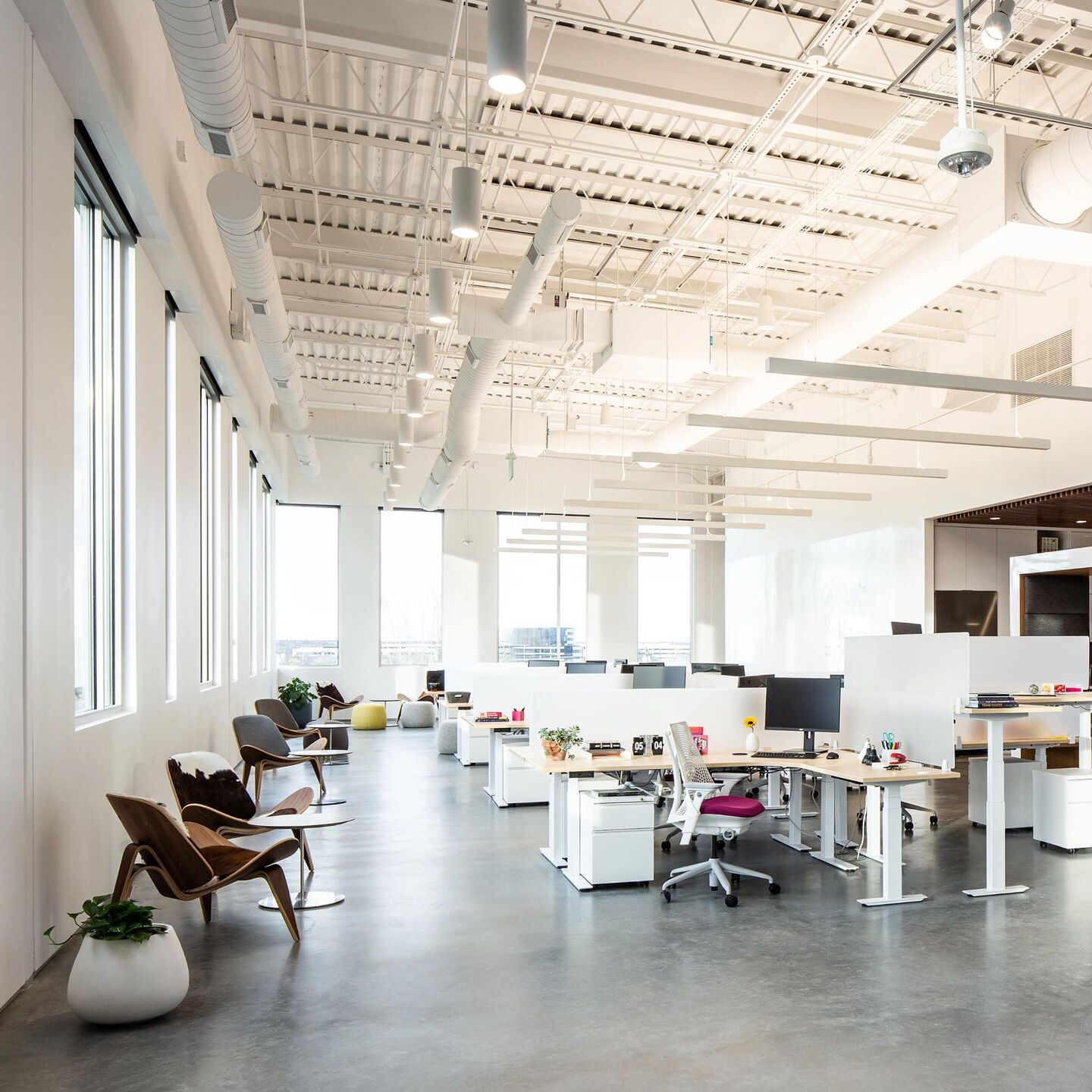 Open office with comprehensive lighting system featuring linear track luminaries and natural daylight integration