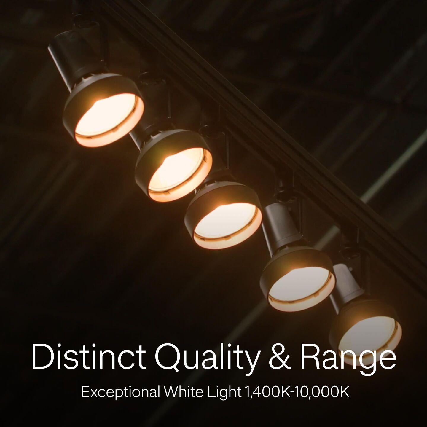 Five recessed Ketra PAR Lamps demonstrating distinct quality and range, labeled “Distinct Quality & Range – Exceptional White Light 1400K–10,000K”