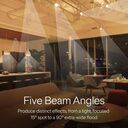 Interior space showcasing five different beam angles from 10° spot to 60° wide flood lighting for versatile illumination