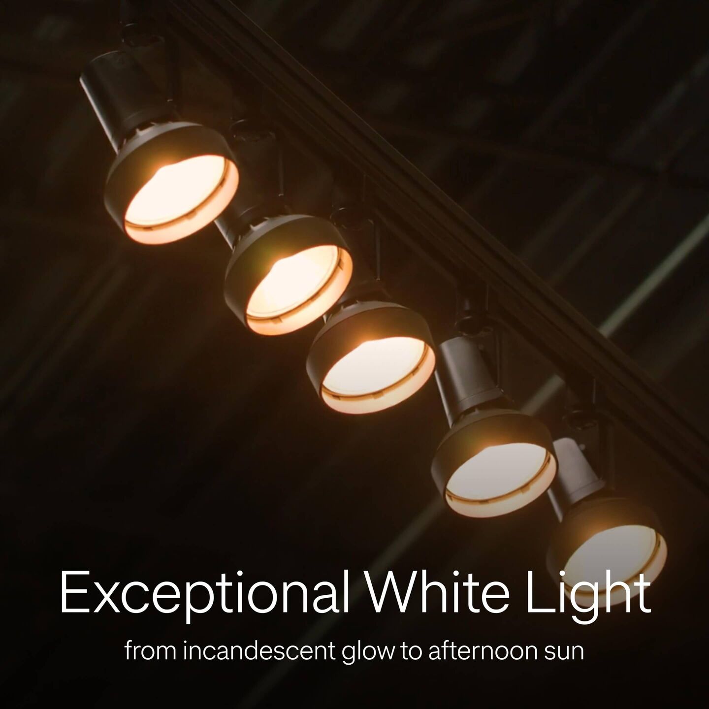 Five recessed Rania PAR Lamps demonstrating distinct quality and range,  emphasizing “Exceptional White Light – from incandescent glow to afternoon sun”