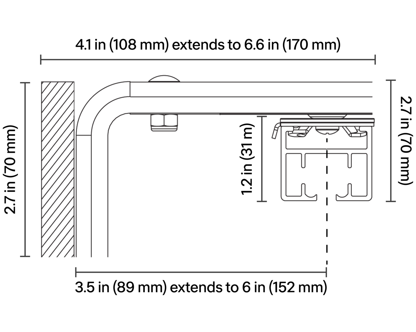 Sivoia Pull-to-Start, Straight Track Drapery – Pinch Pleat, D105 Drive - Dimensions