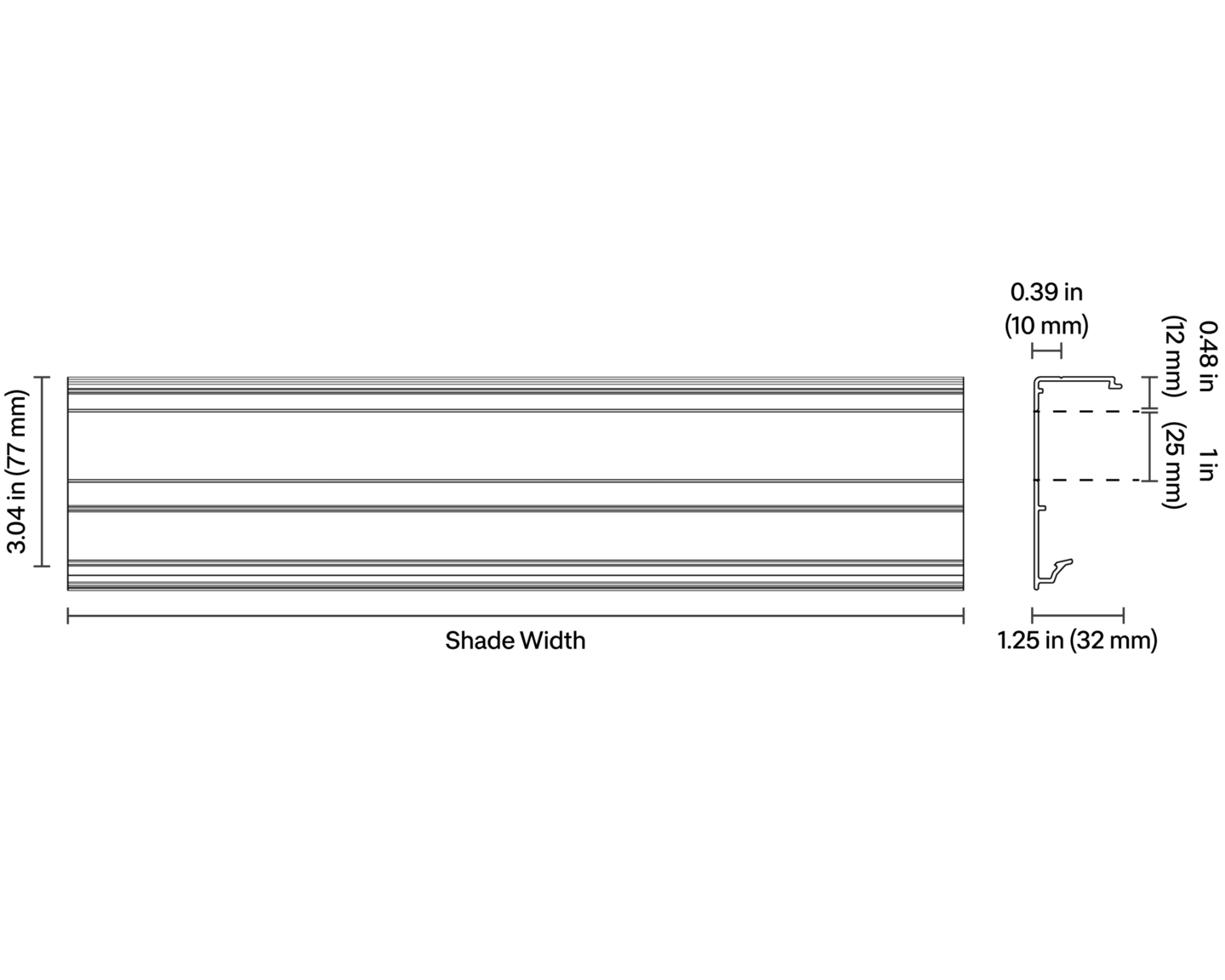 Triathlon Roller Shades - Exposed Headrail, 12V Wired - Dimensions